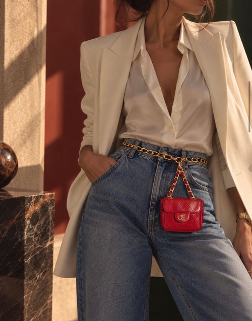 Chanel vintage red quilted leather mini shoulder bag worn by model