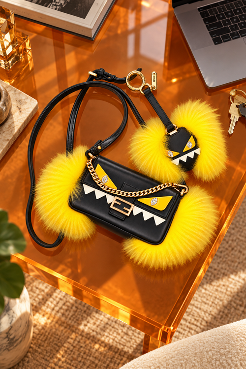 Fendi Monster Micro Baguette e mirror charm su tavolo aranciato