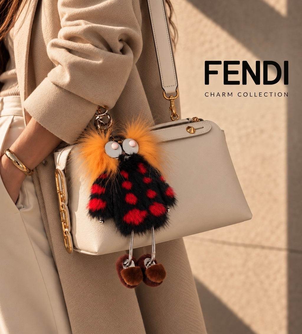 Fendi Witches mink and fox fur collector bag charm editorial worn on cream bag