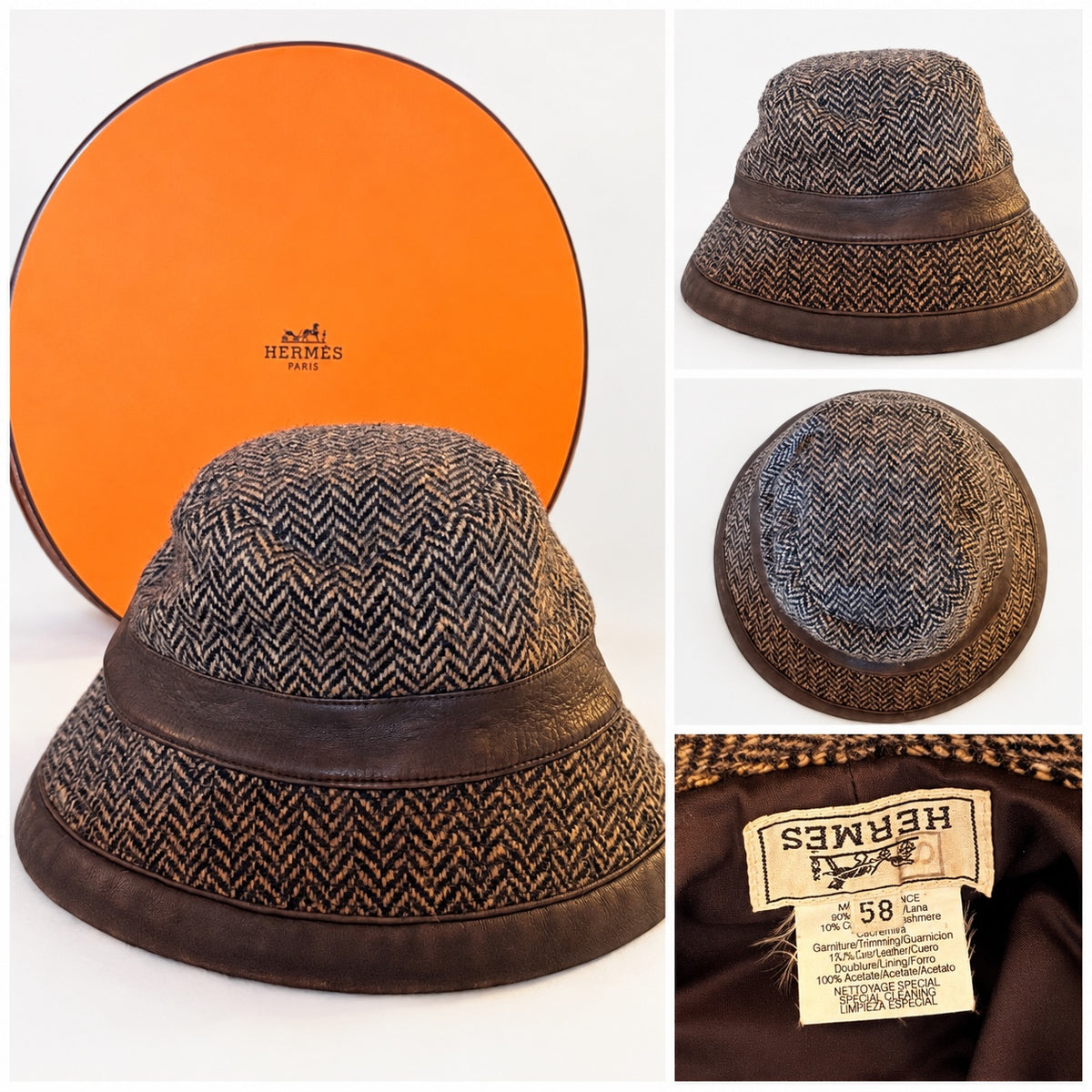 Hermès vintage herringbone hat with box and size 58 label