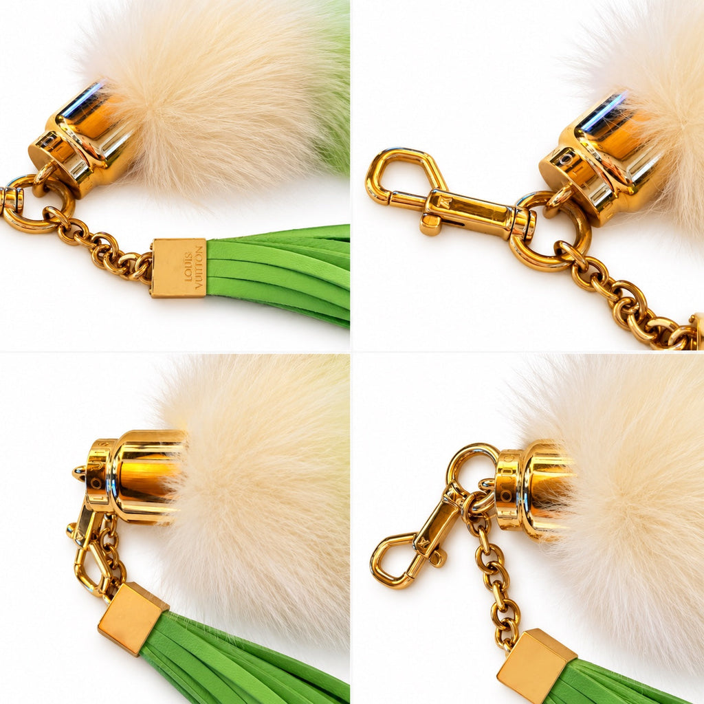 Louis Vuitton Foxy Vert bag charm hardware and detail collage