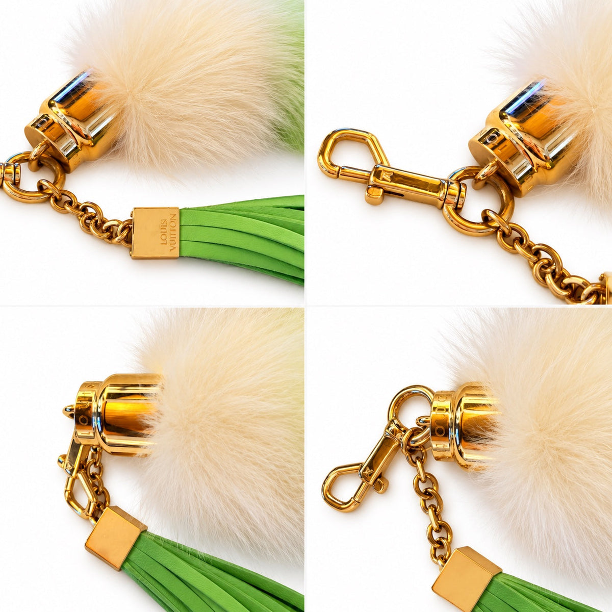 Louis Vuitton Foxy Vert bag charm hardware and detail collage