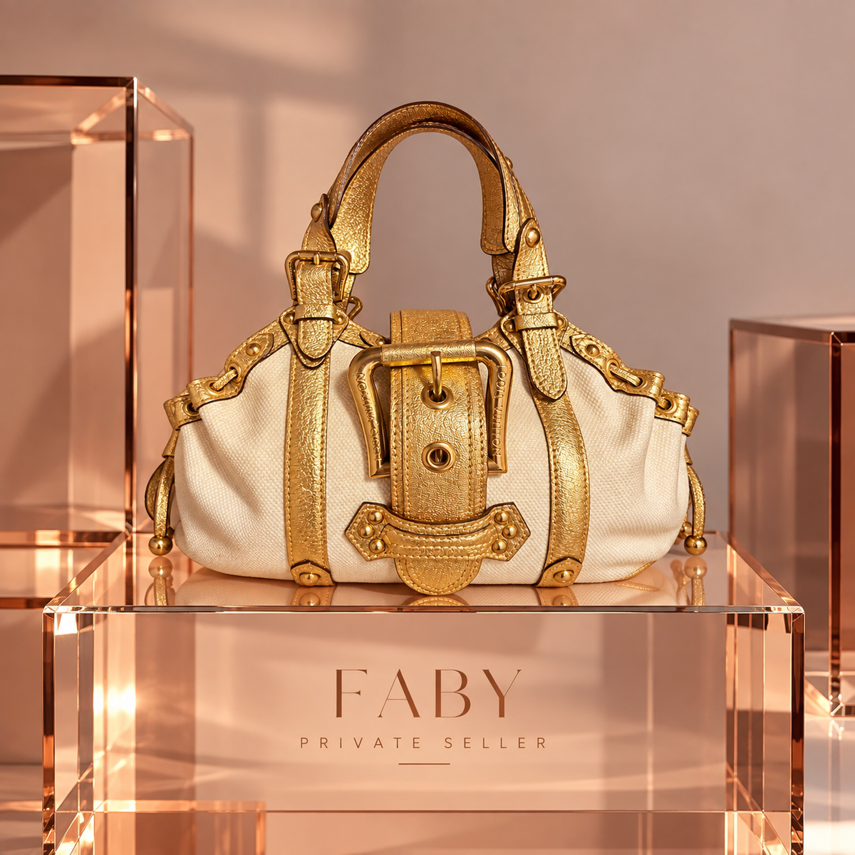 Louis Vuitton Theda GM Ecru Gold 2004 su cubi in vetro