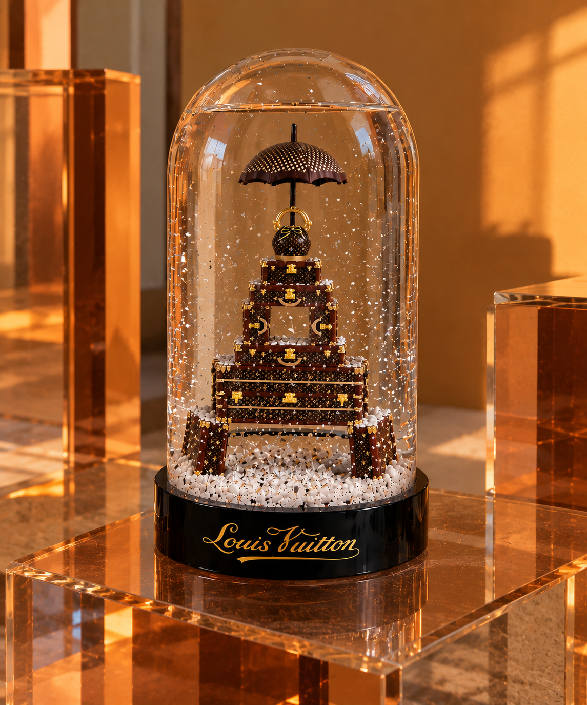 Louis Vuitton Snow Globe su cubi aranciati