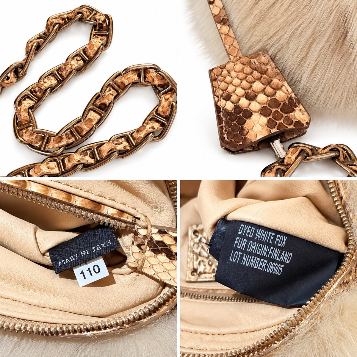 Prada BP0444 chain python trim and interior labels detail collage