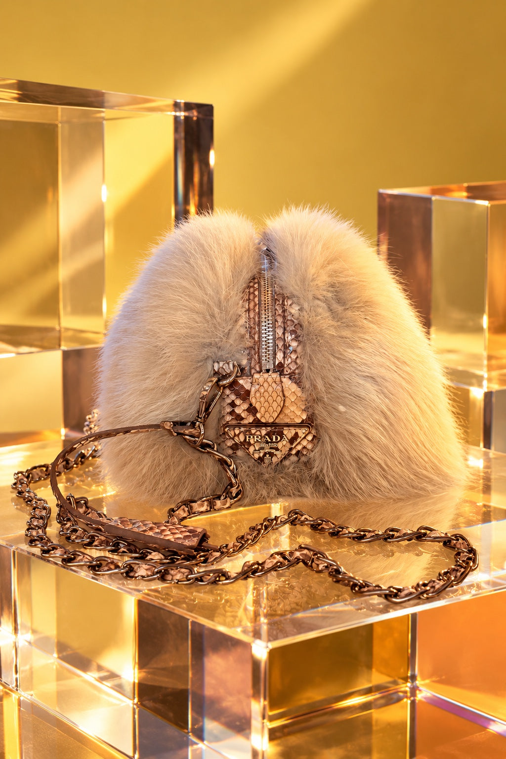 Prada BP0444 fox fur and python bag on plexiglass cubes