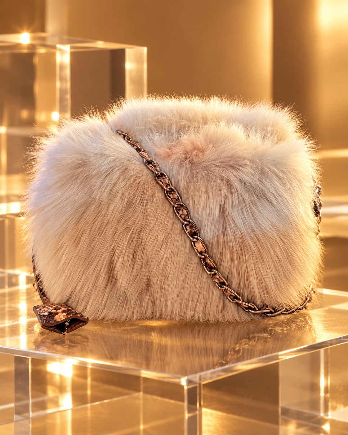 Prada BP0444 fox fur and python bag rear view on plexiglass cubes