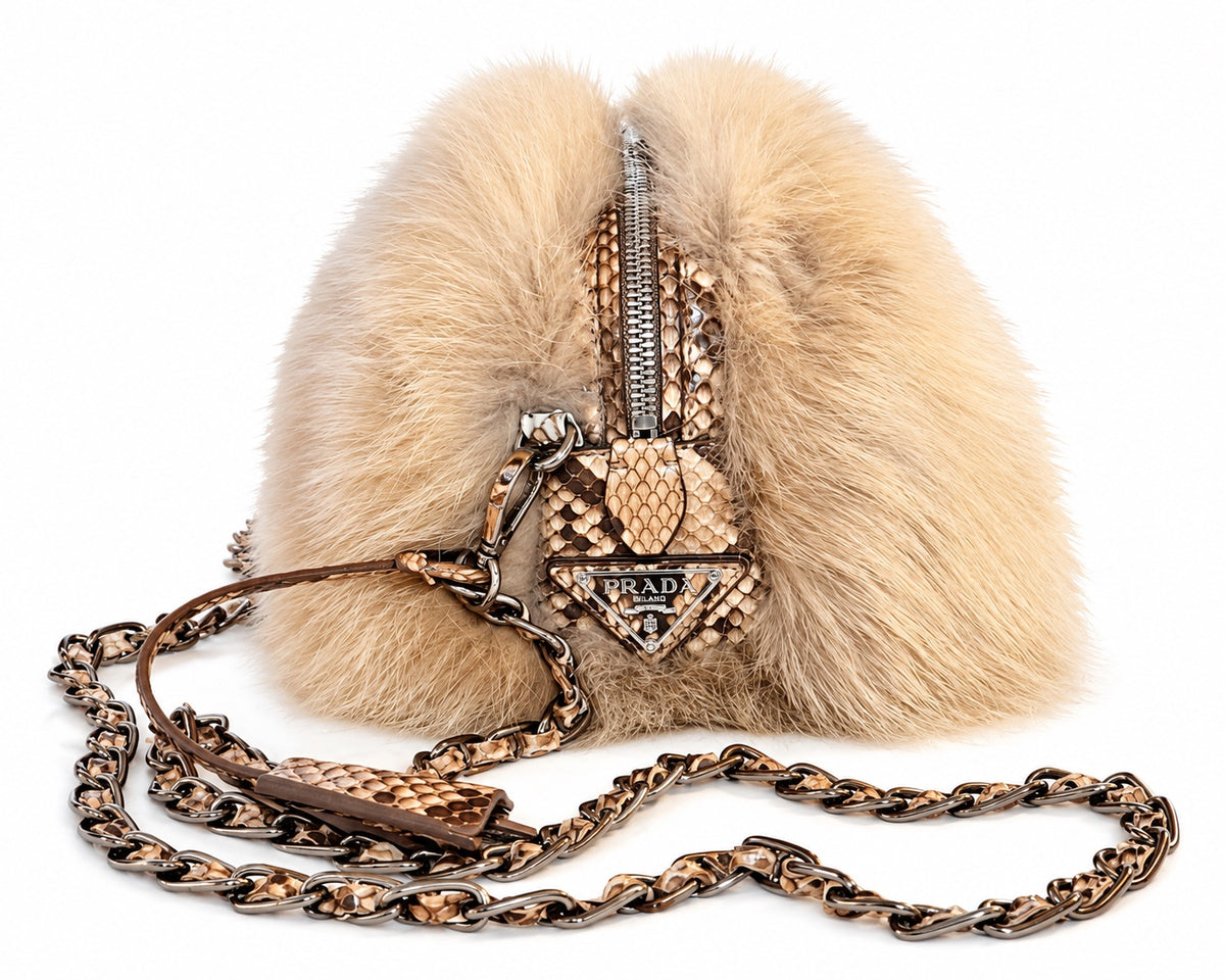 Prada BP0444 fox fur and python bag front detail on white